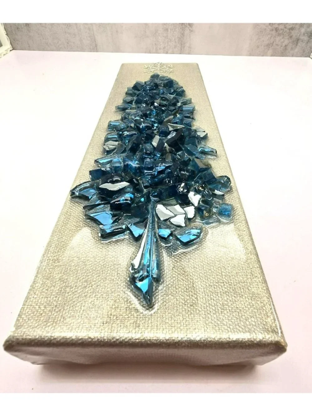 Crushed Blue Glass Mosaic Christmas Tree Art Glitter Snowflake On Canvas CM2313
